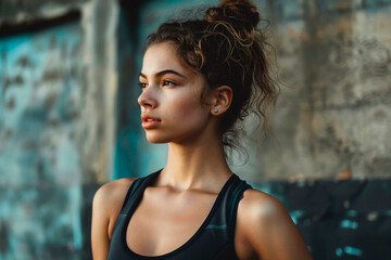 Fototapeta premium A woman with a ponytail and a tank top is standing in front of a wall