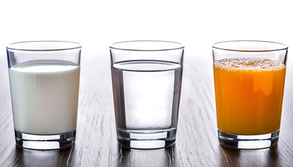 A cup of Milk, Water and orange juice in glass. Assortment of Refreshing Beverages in Glass Cups on Wooden Table.