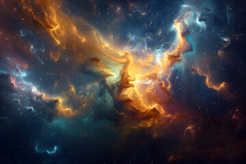 Obraz premium Luminous Swirling Cosmic Nebulae and Galactic Formations in a Serene Astro-Observatory Control Room