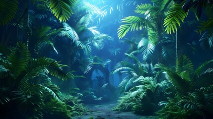 Lush Neon-Tinged Tropical Oasis with Captivating Lighting and Intricate Foliage Textures in Cinematic Retrofuturistic Style