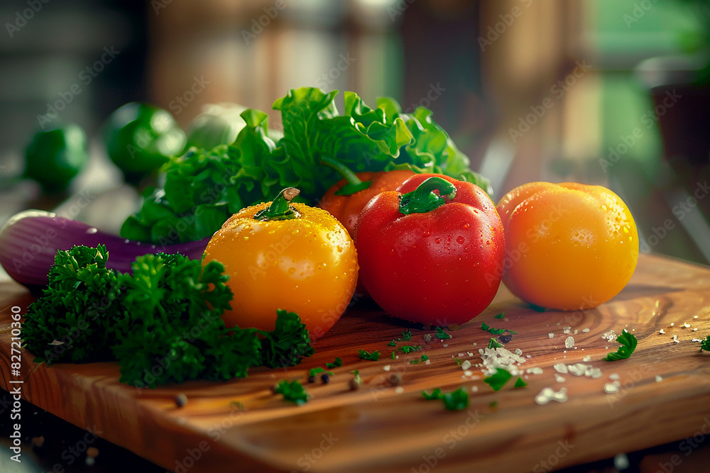 Canvas Prints A wooden cutting board with a variety of vegetables including tomatoes, peppers