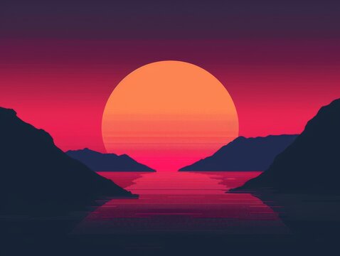 sunset silhouette flat design side view sun theme cartoon drawing Tetradic color scheme