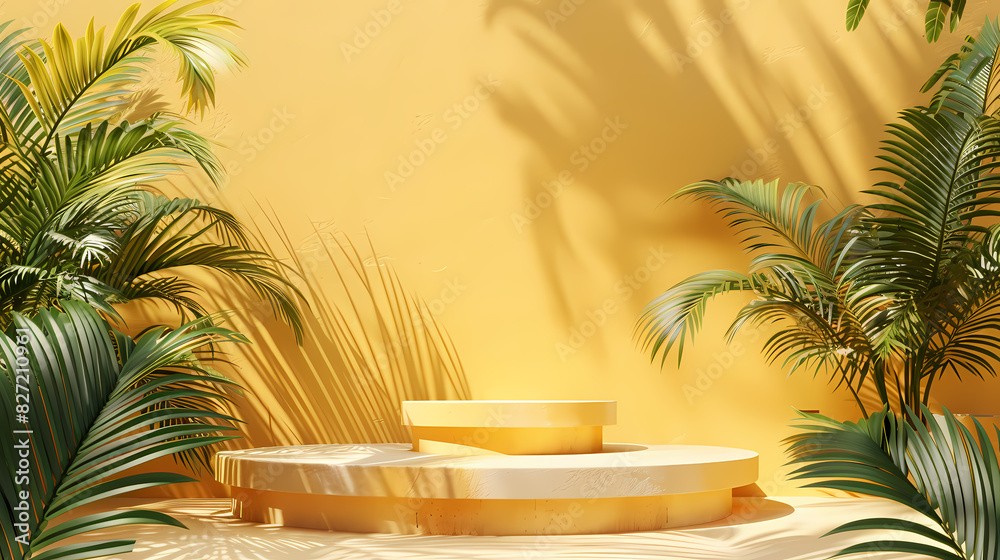 Wall mural pedestal, steps and shelf. palm trees leaves topical juicy. 3d render illustration. podium steps for