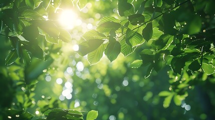 A forest with a canopy of green leaves and sunlight filtering through - Powered by Adobe