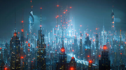 Fototapeta premium Futuristic cityscape with digital holograms and advanced technology overlays, symbolizing the next generation technology era and digital transformation
