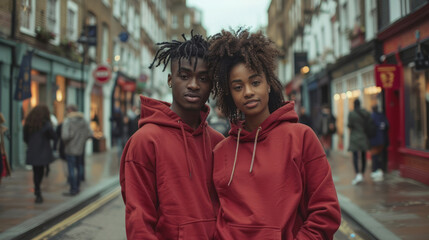 Fototapeta premium A young man and woman wearing maroon blank hoodies standing on the street, with an urban cityscape with buildings and people walking in the background.