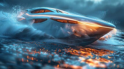 Naklejka premium Mock-up of a high-speed hydrofoil boat cutting through the waves, with a futuristic design, in blank style