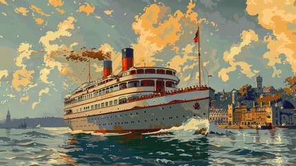A blank-style depiction of a vintage steamship departing from a historic port, with passengers waving goodbye