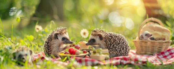 Obraz premium Tiny hedgehogs having a picnic with miniature foods, Adorable, Sketch
