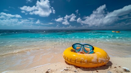 Obraz premium Serene Beach Escape: Inflatable Ring, Swim Mask, and Fins on Golden Sands for Aquatic Leisure and Relaxation under the Sun-Kissed Sky