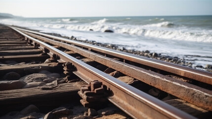 Fototapeta premium Railway tracks rails, close-up background of the sea, the concept of travel, outdoor activities. AI generated.