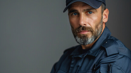 Gruff security guard with a beard and shades, isolated on gray background