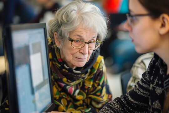 Older woman with glasses works intently on computer programming, collaborating with a younger team member in a modern office setting