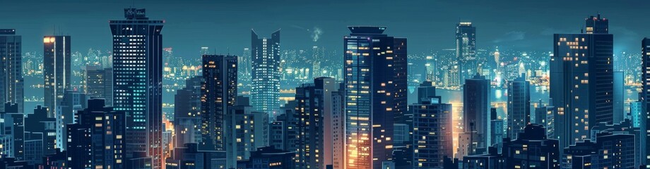 a cityscape of tall buildings at night, with lights on in the windows and streets below glowing.