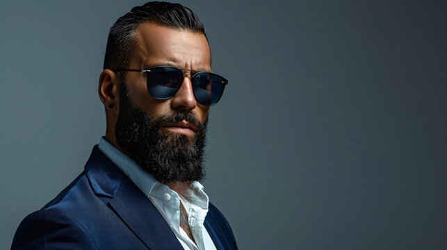 Handsome mestizo bodyguard with beard and shades, posing against gray background