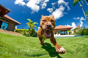 Lively dog dashing towards the camera across a lush green lawn
