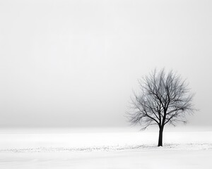 A minimalist composition of an isolated tree in the middle of a snowy field