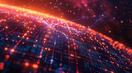 Obraz premium A visually stunning depiction of big data streams flowing through a global database network, with bright colors and a dynamic, glowing background that emphasizes technological innovation.