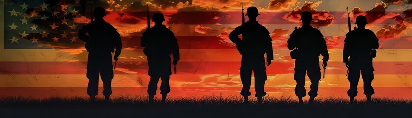 Flag of the United States of America with five soldiers standing in front of it American flag, 4th of july holiday,Independence Day,Memorial Day