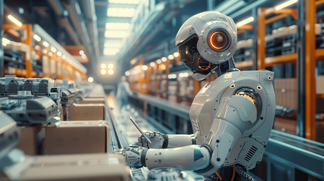Industrial robot packaging products in a futuristic factory, monitored by a man with a tablet