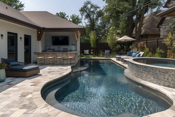 : A chic backyard pool scene with a modern cabana, lush tropical plants, and a smooth stone pathway leading to a serene, reflective pool,
