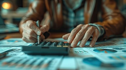 Fototapeta premium close up of an accountant working on a finance investment report at the office on a calculator accounting taxes and financial advisor performing asset management calculations in the office