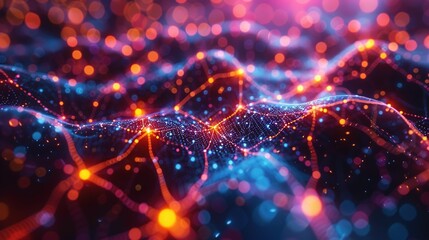 An engaging illustration of artificial intelligence, featuring a neural network with colorful, glowing connections, set against a vibrant background with a bokeh effect to convey technological
