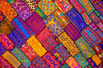 Pakistani oriental carpet, beautiful local traditional ornament. Bright colors. 