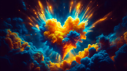 Bright explosion of blue-yellow clouds of smoke in the shape of a heart