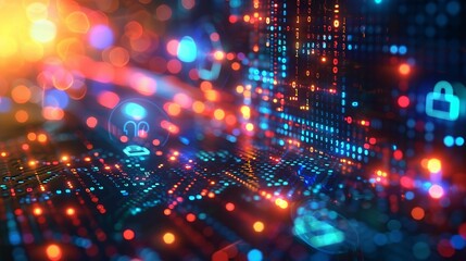 A high-tech illustration of cybersecurity systems, featuring digital locks and encrypted data streams within a neural network, highlighted by a bright, colorful bokeh background.