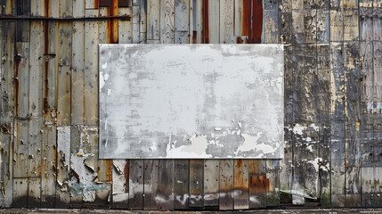 Clear urban glued advertising canvas on a reclaimed wood wall, empty poster template in a gritty setting.