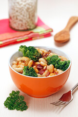 White beans with broccoli and ham.