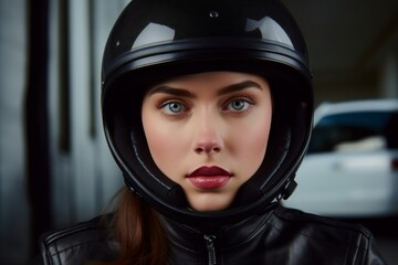 Portrait of confident young woman wearing motorcycle helmet