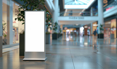 Empty Unique Roll-Up Mockup Poster Stand In Shopping Mall, Modern Digital Roll-Up Banner Stand In Corporate Hall, Generative AI.