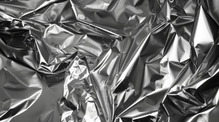 a close-up of a piece of crumpled aluminum foil The foil is shiny and reflects the light.