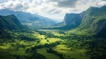 Naklejka premium Expansive and majestic mountain valley landscape with lush green fields and dramatic sky, an outdoor natural wonder for hiking and tourism adventure