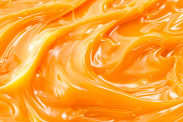 Detailed close-up of smooth, glossy caramel sauce swirls, capturing the rich and indulgent texture of this sweet treat