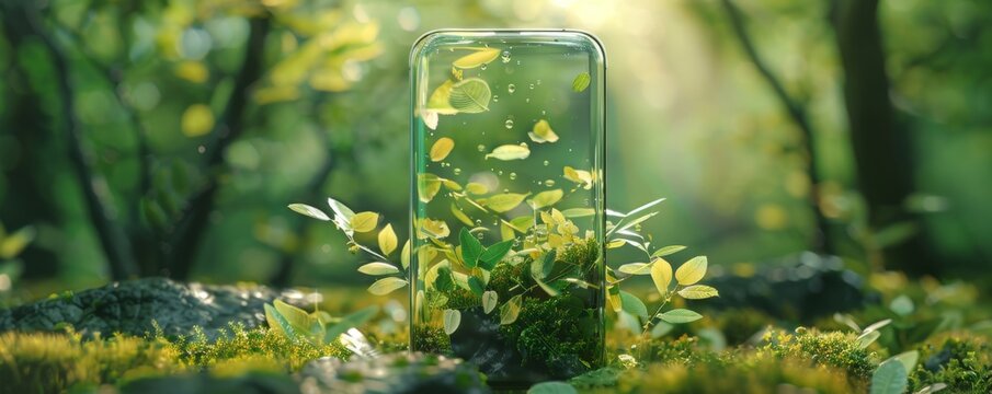 Visualize a cutting-edge, transparent smartphone merging with nature Reflect the harmony between tech and environment with a blend of digital and organic elements