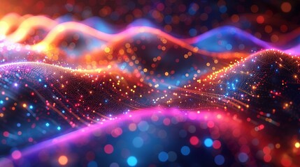 An abstract 3D illustration of big data streams, with colorful data nodes and pathways glowing in various hues, set within a bright, dynamic environment with a soft bokeh effect to emphasize the