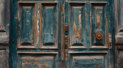 Close-up of aged and weathered wooden door textured surface with peeling blue paint and a brass doorknob