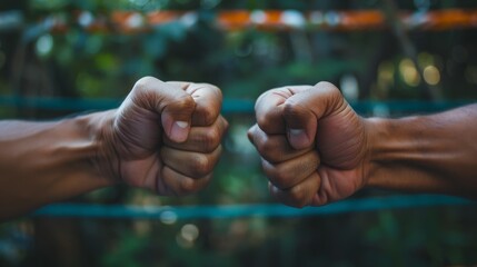 two fists bumping together in front of a blurred natural background