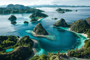 Fototapeta premium Aerial view of a breathtaking tropical archipelago with crystal-clear waters and lush greenery