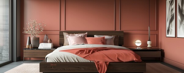 A sleek bedroom with walls in a muted coral