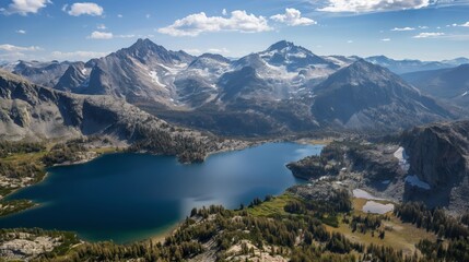 Fototapeta premium Aerial panoramic view of majestic mountain lake with serene landscape, rugged peaks, and untouched alpine scenery reflecting in clear skies, perfect for outdoor adventure and pristine nature tourism