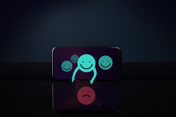 Social Community, Encouragement, Mental Health Concepts. Smiling Cartoon on the Top Giving a Helping Hands to a Sadness below.