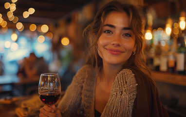 Joyful young woman with a charming smile holding a glass of red wine in a warmly lit, inviting wine bar atmosphere