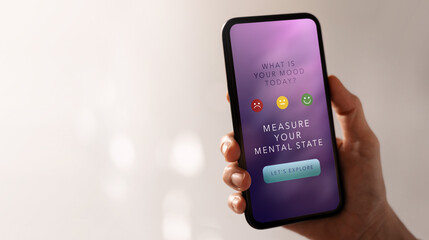 Mental Health Concept. Using  Mobile Application to Check, Measure and Practicing Mind. Self Care and Soothing Life. App show on Mobile Phone.