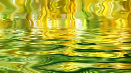 a vibrant, abstract pattern ripples on water, with a reflection in shades of yellow and green