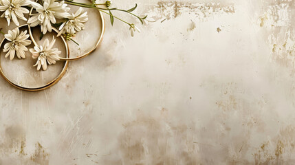 a bouquet of white flowers and two wedding rings placed on a textured concrete background vintage wedding template