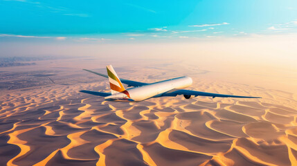 a large white airplane flying over a vast desert landscape covered in orange and yellow sand dunes. - Powered by Adobe